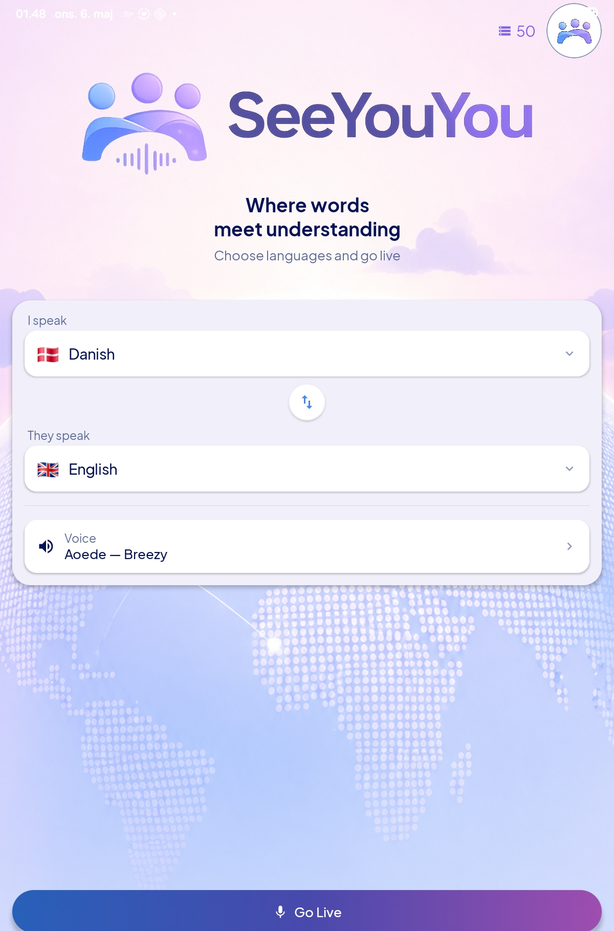 SeeYouYou setup screen showing language selection between Danish and English with a Go Live button